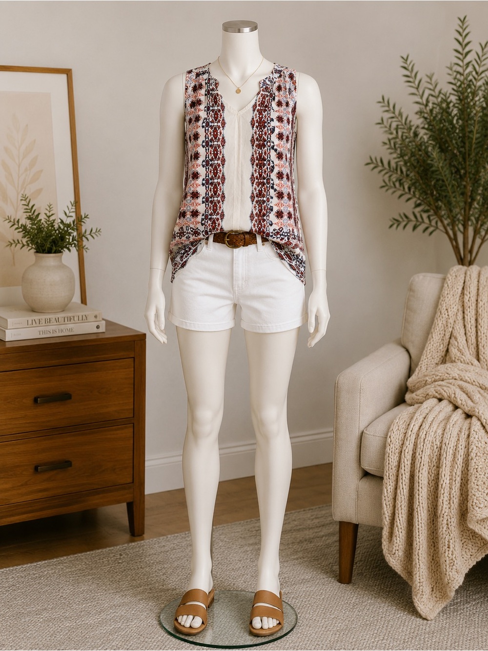 Lucy & Laurel Cream Tank Top with Red and Brown Floral Stripe
